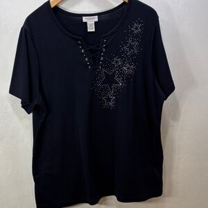 Avenue Classic Playful True Navy Star Studded Lace Up Short Sleeve Top SZ 14/16